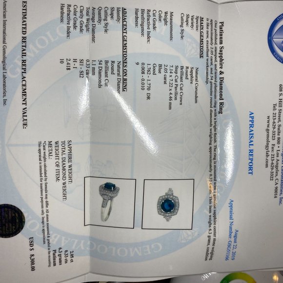 Certified Blue Sapphire 2.05ct Diamonds Platinum R - Picture 8 of 8